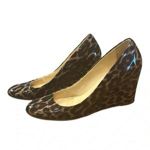 J. Crew Made in Italy Brown and‎ black leopard print patent leather wedges 10